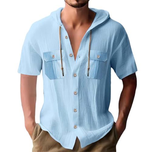 Kurzarmhemd Herren, Leinenhemd Herren Kurzarm Hemd Mit Kapuze Sommerhemden Linen Shirt Men Herrenhemd Sommer Leinen Tshirt Kurzarmhemd Kapuzenhemd Freizeithemd Strandhemd Blau M von LCpddajlspig
