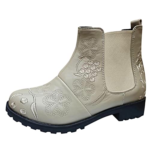 LCpddajlspig Chelsea Boots Damen Beige, Chelsea Boots Damen, Mit Absatz Stiefelette Herbst Stiefel Weiter Schaft Stiefeletten Elegant Damenstiefeletten Lederstiefel Damenstiefel von LCpddajlspig