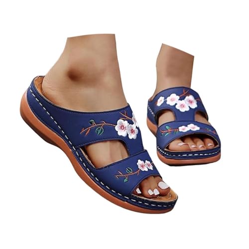 LCpddajlspig Damen Sandalen Bequem, Orthopädische Sandalen Damen Sommerschuhe Breite Füße Hausschuhe Pantoletten Plateau Offene Sommer Schuhe Keilabsatz Sandaletten Weite H Pu-Leder LatschenBlau 40 von LCpddajlspig