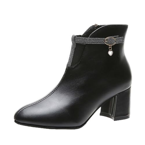 LCpddajlspig Damen Stiefeletten Schwarz, Damen Stiefeletten Mit Absatz, Damenstiefel Stiefel Weiter Schaft Leder Stiefelette Lederstiefel Plateau Damenstiefeletten Chelsea Ankle Boots von LCpddajlspig