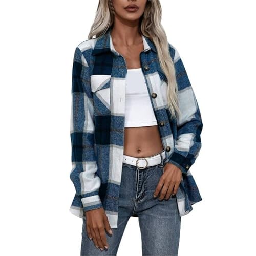 LCpddajlspig Flanellhemd Damen Kariert Baumwolle mit Knöpfen Holzfällerjacke Herbst Warm Longbluse Casual Western Lang Karierte Bluse Jacke Oversize Frühling Langarm Boyfriend-Stil Karohemd Cordhemd von LCpddajlspig