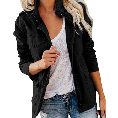 LCpddajlspig Frühlingsjacke Damen Stehkragen Elegant Große Größen Safari Kleidung Parka Frühling Trenchcoat Schwarz Leicht Mehr Taschen Bomberjacke Boyfriend Utility Fliegerjacke Übergangsjacke von LCpddajlspig