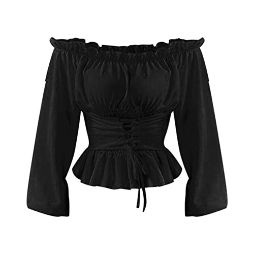 LCpddajlspig Piratenbluse Damen Rüschen Langarm Steampunk Piratenhemd Renaissance Boho Mittelalter Kleidung Flare Ärmel Mittelalter mit Rüschen Trachtenbluse Gothic Schulterfrei Piratenkostüm Korsett von LCpddajlspig