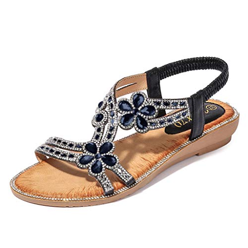 LCpddajlspig Sandalen Damen mit Absatz Sommer Bequem Elegant Sandalen mit Strass Perlen Bohemia Strand Schuhe Freizeit Flach Sandalette von LCpddajlspig