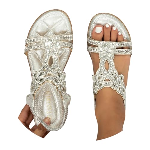 LCpddajlspig Sandalen Silber Damen, Glitzer Sandalen Damen Sommer, Damensandalen Strandsandalen Strass Offene Schuhe Slingback Sandals Sommerschuhe Flach Sandaletten Große Größen Silber 45 von LCpddajlspig