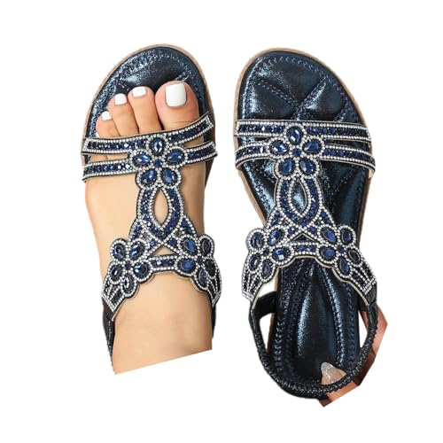 LCpddajlspig Sommer Schuhe Für Damen, Glitzer Sandalen Damen Sommer, Sommerschuhe Sandals Flach Strandsandalen Breite Füße Offene Schuhe Damensandalen Strass Sandaletten Große Größen Blau 38 von LCpddajlspig