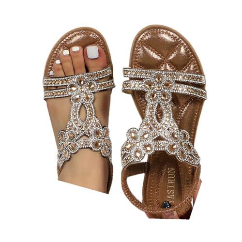 LCpddajlspig Sommerschuhe Damen, Glitzer Sandalen Damen Sommer, Strandsandalen Sandals Breite Füße Sandaletten Flach Damensandalen Sommerschuhe Strass Offene Schuhe Große Größen Braun 41 von LCpddajlspig