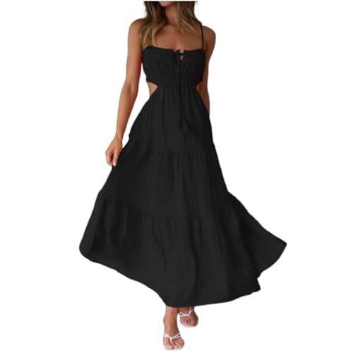 LCpddajlspig Strandkleider Damen Sommer Spaghettiträger-Kleid Rückenfreie Kleider Party Kleid Maxikleid Gelb Mit Cut Outs Strand Strandkleider Sommerkleid Lang Cute Sundress Strickkleid Trägerkleid von LCpddajlspig