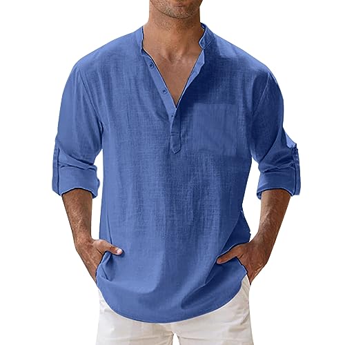 Leinen Hemd, Leinenhemd Herren Langarm Leinen Hemd Henley Shirt Sommerhemden Oversize Stehkragenhemd Herrenhemd Stehkragen Shirt Sommer Oberhemd Strandhemd Blau L von LCpddajlspig