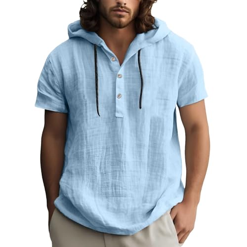 Hemd Herren Kurzarm, Leinenhemd Herren Kurzarm Hemd Mit Kapuze Sommerhemden Linen Shirt Men Herrenhemd Sommer Leinen Tshirt Kurzarmhemd Kapuzenhemd Freizeithemd Strandhemd Blau 3XL von LCpddajlspig