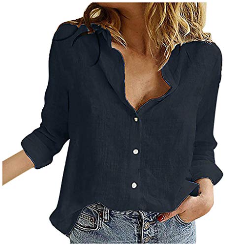 Leinenbluse Damen Sommer Langarm Boho Oversize Shirt Hemd Leinen Vintage Longbluse Musselin Bluse V-Ausschnitt Große Größen Damenblusen Klassische Modische Hemdbluse Sommerbluse von LCpddajlspig