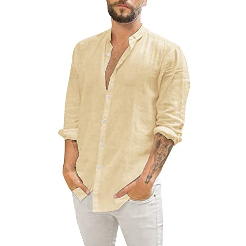 Leinenhemd, Leinenhemd Herren Langarm Leinen Hemd Henley Shirt Sommerhemden Oversize Stehkragenhemd Herrenhemd Stehkragen Shirt Sommer Oberhemd Strandhemd Beige XL von LCpddajlspig
