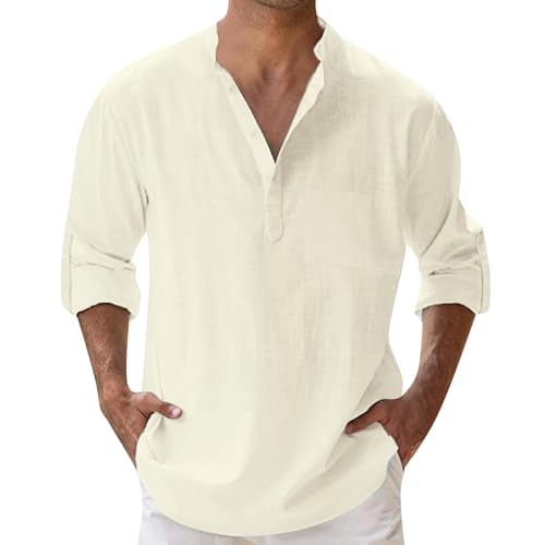 Leinenhemd Herren Langarm Leinen Hemd Henley Shirt Sommerhemden Oversize Stehkragenhemd Herrenhemd Stehkragen Shirt Sommer Oberhemd Strandhemd Beige 3XL von LCpddajlspig