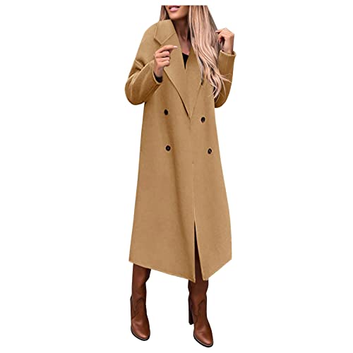 Mantel Damen Lang, Zweireihiger Gefüttert Verstellbare Übergangsmantel Schwarz Umlegekragen Lang Wollmantel Herbst Elegant Einfarbige Damenmantel Winter Übergangsjacke Trenchcoat Wintermantel von LCpddajlspig