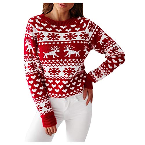 Norweger Pullover Damen Ugly Rot Weihnachtsoutfit Rentier Strick Christmas Sweater Weihnachten 3XL XXL Christmas Pullover Rundhals Baumwolle Oversize Drucken Weihnachtspulli Strickpullover von LCpddajlspig