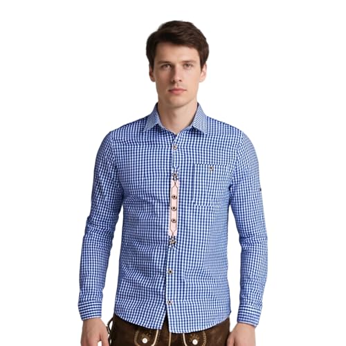 Oktoberfest Herren Outfit, Trachtenhemd Herren Langarm Kariertes Hemd Trachten Hemden Tracht Trachtenhemden Kariert Karohemd Mit Brusttasche Oktoberfest Outfit Für Männer Große Größe S-3XL Blau XL von LCpddajlspig