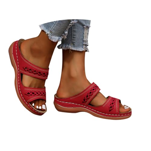 Orthopädische Hausschuhe Damen, Orthopädische Sandalen Damen Sommerschuhe Breite Füße Hausschuhe Pantoletten Plateau Offene Sommer Schuhe Keilabsatz Sandaletten Weite H Pu-Leder LatschenRoter 38 von LCpddajlspig
