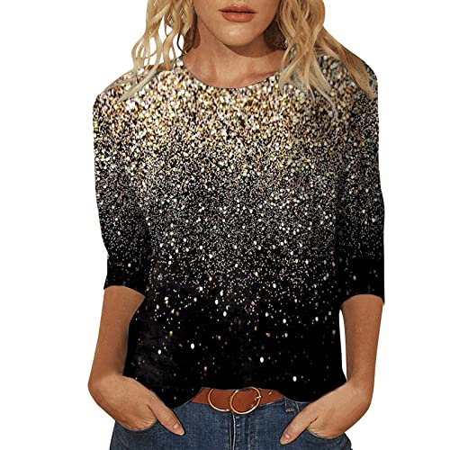 Pullover Damen Glitzer Druck Shirt Langarm Oberteile Glitzer Motive Festlich Tunika Pailletten T-Shirt 3/4 Arm Oberteile Große Größen Abend Party Langarm Gold Damenbluse Bluse Langarmshirt T-Shirt von LCpddajlspig