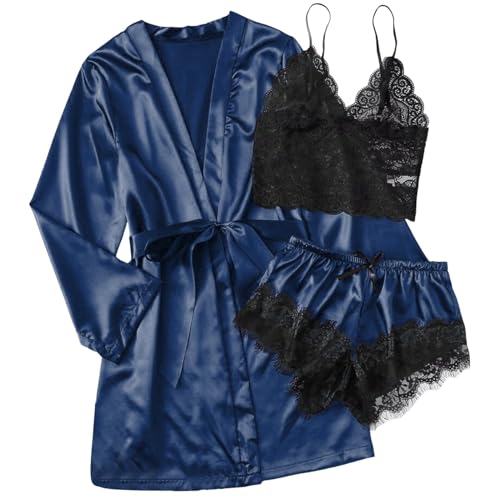 Schlafanzug Damen Spitze für alle Jahreszeiten Satin Pyjama Cami and Shorts Set Lace Negligee Babydoll Seiden Pyjama Pyjama Set Bademantel 3PCS Sexy Robe Nachtwäsche Dessous Set Schlafanzug von LCpddajlspig