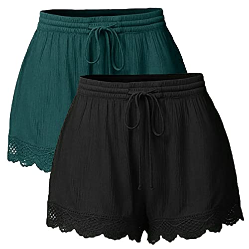 Schwarze Kurze Hosen Damen Kordelzug Elastische Spitzenrand Shorts Stoffhose Sommer High Waist Strandshorts Yogahose Bequeme Freizeit Jogginghosen Leinenhose Leichte Und Luftige Sportshorts von LCpddajlspig