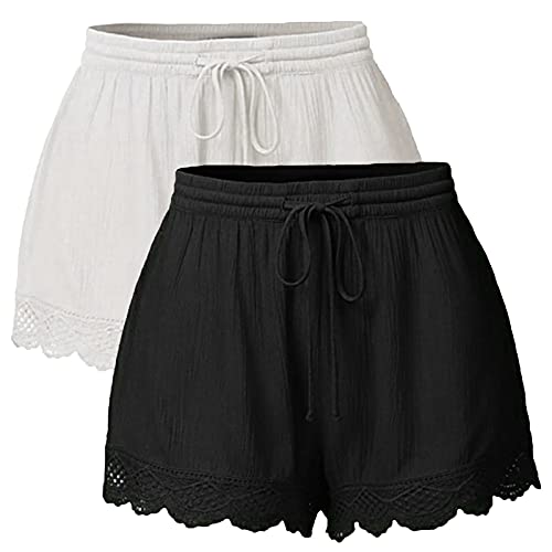 Schwarze Kurze Hosen Damen Kordelzug Elastische Spitzenrand Shorts Stoffhose Sommer High Waist Strandshorts Yogahose Bequeme Freizeit Jogginghosen Leinenhose Leichte Und Luftige Sportshorts von LCpddajlspig