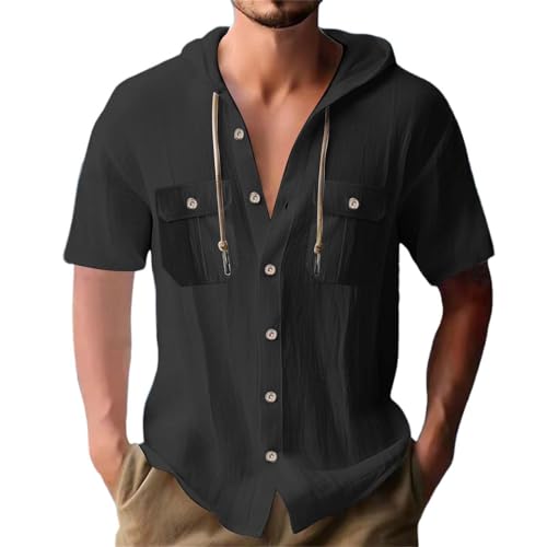 Schwarzes Hemd Herren, Leinenhemd Herren Kurzarm Hemd Mit Kapuze Sommerhemden Linen Shirt Men Herrenhemd Sommer Leinen Tshirt Kurzarmhemd Kapuzenhemd Freizeithemd Strandhemd Schwarz 3XL von LCpddajlspig