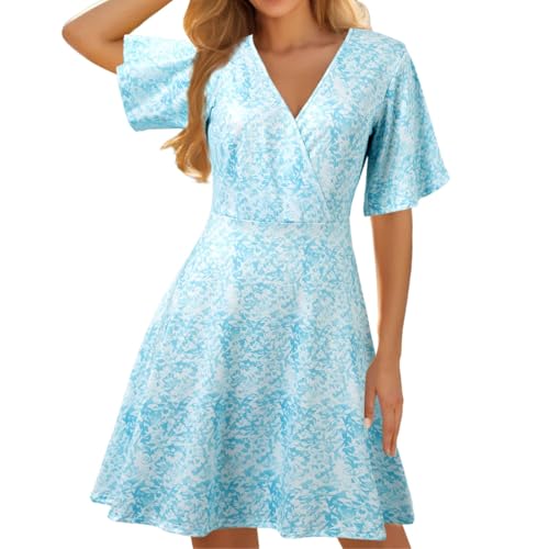 Sommer Kleider Für Damen, Sommerkleid Damen Lang Bohokleid Tunika Kleid Sommer Blumenkleid Boho Sommerkleider Wickelkleid a Linie Strandkleid Maxikleid V-Ausschnitt Freizeitkleid Grün S von LCpddajlspig