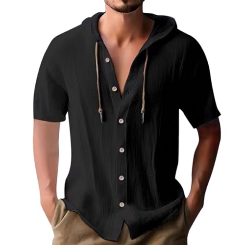 Sommerhemden Herren Kurzarm, Leinenhemd Herren Kurzarm Hemd Mit Kapuze Sommerhemden Linen Shirt Men Herrenhemd Sommer Leinen Tshirt Kurzarmhemd Kapuzenhemd Freizeithemd Strandhemd Schwarz XL von LCpddajlspig