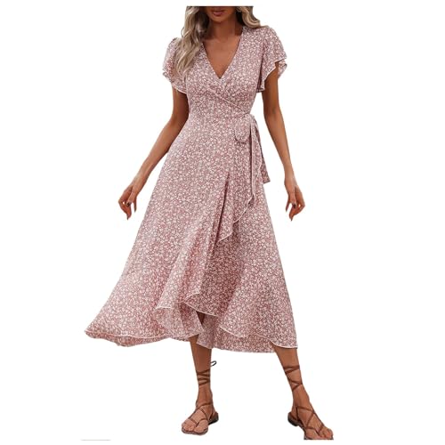 Sommerkleid Damen Lang, Strandkleider Damen Sommer Boho Kleid Sommerkleider Blumenkleid V-Ausschnitt Strandkleid Boho Maxikleid Mit Gürtel Maxikleider Blumendruck Wickelkleid Tunikakleid Roter M von LCpddajlspig