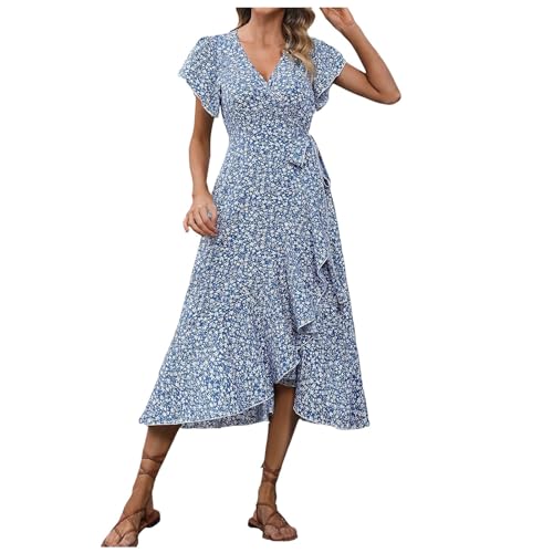 Strandkleid Damen, Sommerkleid Damen Lang Boho Kleid Sommerkleider Blumenkleid V-Ausschnitt Strandkleid Boho Maxikleid Mit Gürtel Maxikleider Blumendruck Wickelkleid Tunikakleid Partykleider Blau S von LCpddajlspig