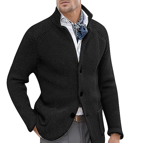 Sweatjacke Herren Ohne Kapuze, Warm Mode Schlichter Strickweste V Ausschnitt Winter Gefüttert Fleecejacke Wolljacke Stehkragen Reißverschluss Cardigan Langarm Baumwolle Gestrickt Strickjacke von LCpddajlspig