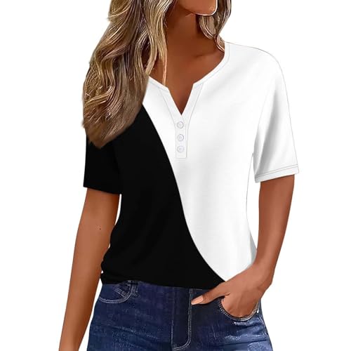 T-Shirts für Damen mit Print Oberteile V Ausschnitt Oberteile Blusenshirt Ausgefallene Italienische Knopf-T-Shirt Sommerbluse lockere Kurzarm-Tops Leicht Und Luftig Baumwolle Tunika Sommerbluse von LCpddajlspig