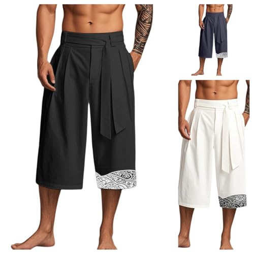 Taro - Kurze Japanische Komforthose, Japanische Hose Taro Herren Japanese Pants Traditionelle Leinen Japan Komforthose Baggy 7/8 Hosen Kimono Gerades Bein Leinenhose Kordelzug Sommerhose Große Größe S von LCpddajlspig