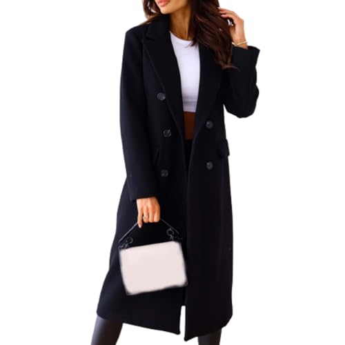 Trenchcoat Damen Beige, Lang Schwarz Einfarbige Wollmantel Verstellbare Umlegekragen Gefüttert Wolljacke Übergangsmantel Zweireihiger Winter Wintermantel Elegant Herbst Damenmantel Mantel von LCpddajlspig