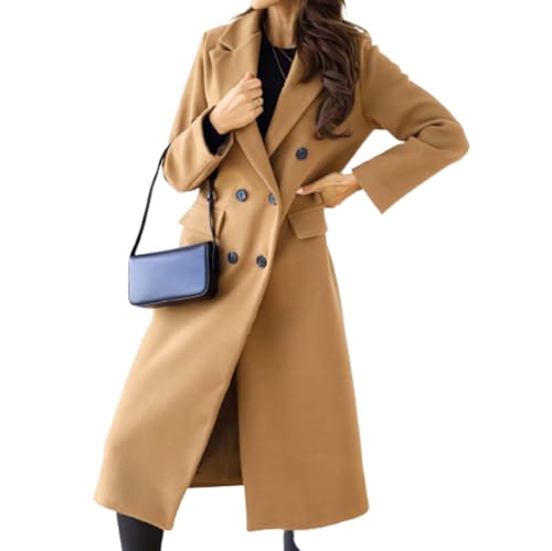 Trenchcoat Damen Beige, Lang Schwarz Einfarbige Wollmantel Verstellbare Umlegekragen Gefüttert Wolljacke Übergangsmantel Zweireihiger Winter Wintermantel Elegant Herbst Damenmantel Mantel von LCpddajlspig