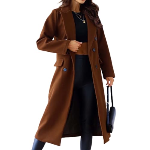 Trenchcoat Damen Beige, Lang Schwarz Einfarbige Wollmantel Verstellbare Umlegekragen Gefüttert Wolljacke Übergangsmantel Zweireihiger Winter Wintermantel Elegant Herbst Damenmantel Mantel von LCpddajlspig