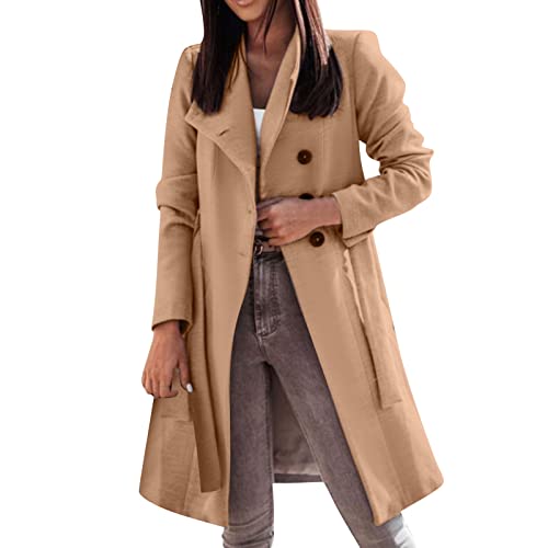 Trenchcoat Damen Beige Herbst Verstellbare Elegant Mantel Schwarz Winter Wollmantel Damenmantel Einfarbige Umlegekragen Gefüttert Übergangsmantel Lang Zweireihiger Winterjacke Wintermantel von LCpddajlspig