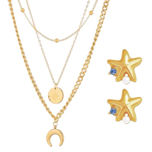 Boho-Halskette 2er Set, Bohemian Mehrlagige Damen Halskette, mit Sonnen- und Mondanhängern, Vintage Kettenhalskette für Damen und Mädchen von LDBKLGHJ