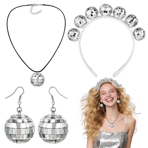 Disco Stirnband Kugelkopf 1 Paar Disco Ohrringe 1 Stück Disco Kopfband Kugelkopf Reflektierende Spiegelkugel Ohrring Zubehör Disco Kugel Kopfband Ohrringe für 70er 80er Disco von LDBKLGHJ