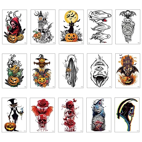 LDBKLGHJ 15 Stücke Halloween Tattoos, Gemischte Tattoo Aufkleber, helloween kostüme, Kindertattoos Sticker für Kinder Erwachsene Halloween Fasching Maskerade Cosplay Party von LDBKLGHJ