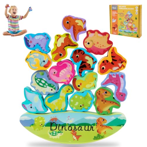 Stapelsteine & Dinosaurier Holzspielzeug mit 16-teiligem Set – Montessori Motorikspielzeug für Kinder ab 2 Jahre von LDBKLGHJ
