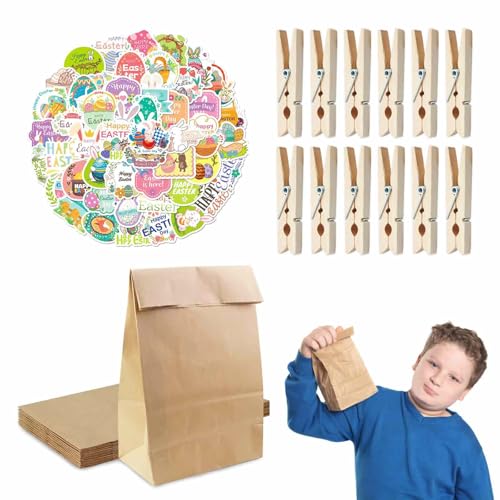 Aufkleber Ostern Osterkorb Braune Papiertüten - Kollektion mit 12 Osterbeuteln, Osterhasen Küken Blumen Osterdeko Holzklammern & Stickern für einzigartige DIY-Erlebnisse von LDBKLGHJ