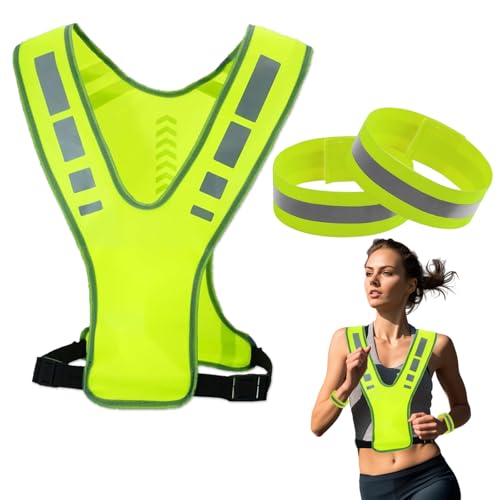 Reflektorweste Set für Herren Damen 3-teiliges Sicherheitszubehör mit Reflektierender Weste Armbinde Handgelenkband Fluoreszierend Grün Einheitsgröße Für Joggen, Radfahren, Laufen bei Nacht von LDBKLGHJ