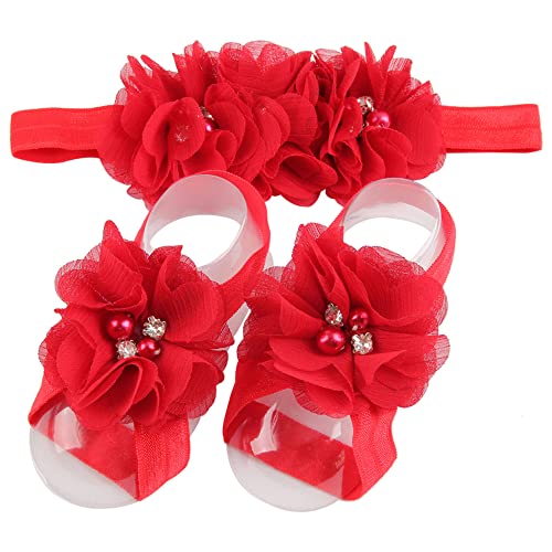 LDDCX Baby-BBFJ3 gehäkelte Schmetterlings-Stirnbänder und gestrickte Blumen-Barfuß-Sandalen (BBFJ3) (Rd) von LDDCX