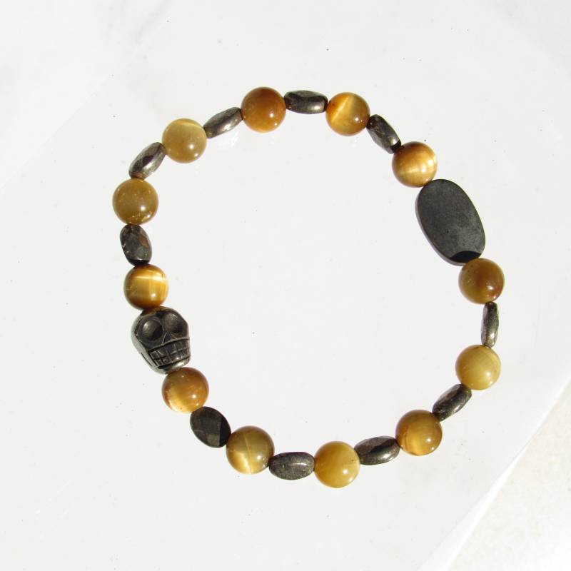 Tigerauge Edelstein Und Pyrit Schädel Perlen Stretch Armband, Perlen, Halbedelsteine, Elastisch, Handgemachter Schmuck, Kristall, Geschenke Für Sie von LDEAffinityJewelry