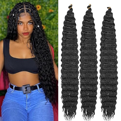 LDGUGO ﻿Curly Braiding Hair Ocean Wave Crochet Hair for Black Women Long Deep Wave Wet and Wavy Braiding Hair For Boho Braids 1B#, 30 Inch Pack of 3 von LDGUGO