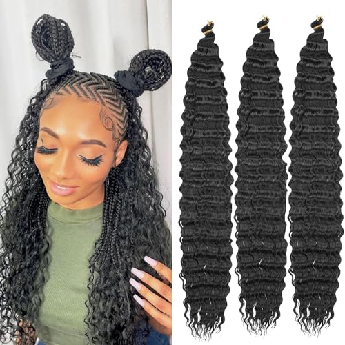 LDGUGO Curly Braiding Hair for Black Women Deep Wave Ocean Wave Crochet Hair Water Wave Braiding Hair for Boho Braids Twist Crochet Hair - Wet and Wavy Braiding Hair Extension 1B#, 24 Inch Pack of 3 von LDGUGO