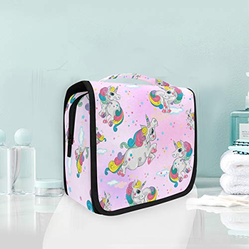 Magische Regenbogenrosa Einhörner Kulturbeutel Hängend Faltbar Mädchen Kulturtasche Toilettentasche Toiletttasche Makeup Tasche Kosmetiktasche für Frauen Mädchen Damen von LDIYEU