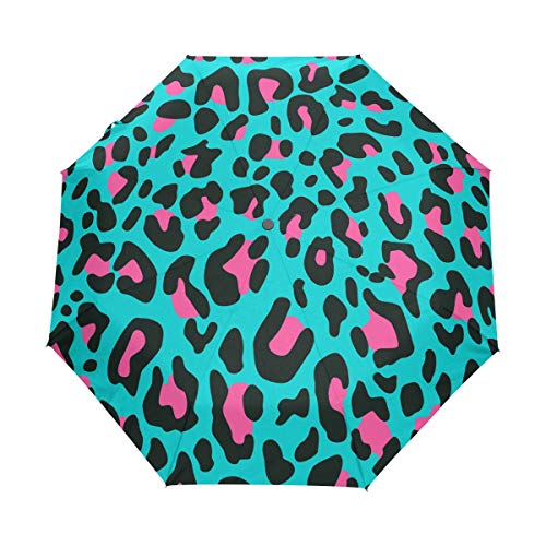 Rosa Flecken Blauer Leopardenmuster Regenschirm Taschenschirm Auf-Zu Automatik Schirme Winddicht Leicht Kompakt UV-Schutz Reise Schirm für Jungen Mädchen Strand Frauen von LDIYEU