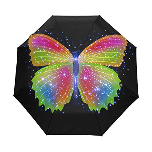 Schwarz Bunten Schmetterling Regenschirm Taschenschirm Auf-Zu Automatik Schirme Winddicht Leicht Kompakt UV-Schutz Reise Schirm für Jungen Mädchen Strand Frauen von LDIYEU